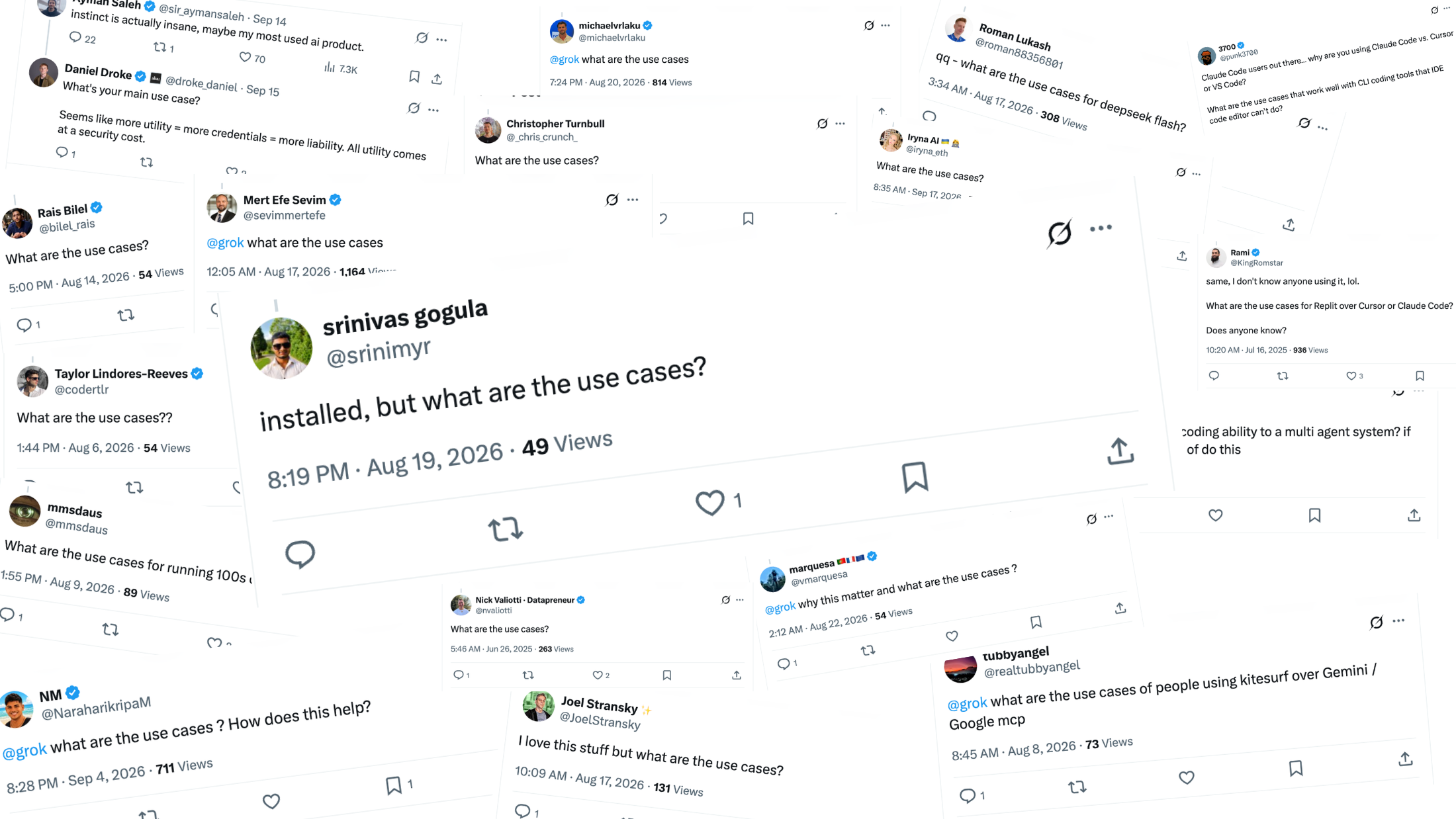 A collage of people asking what the use cases are for new products, including: installed, but what are the use cases?