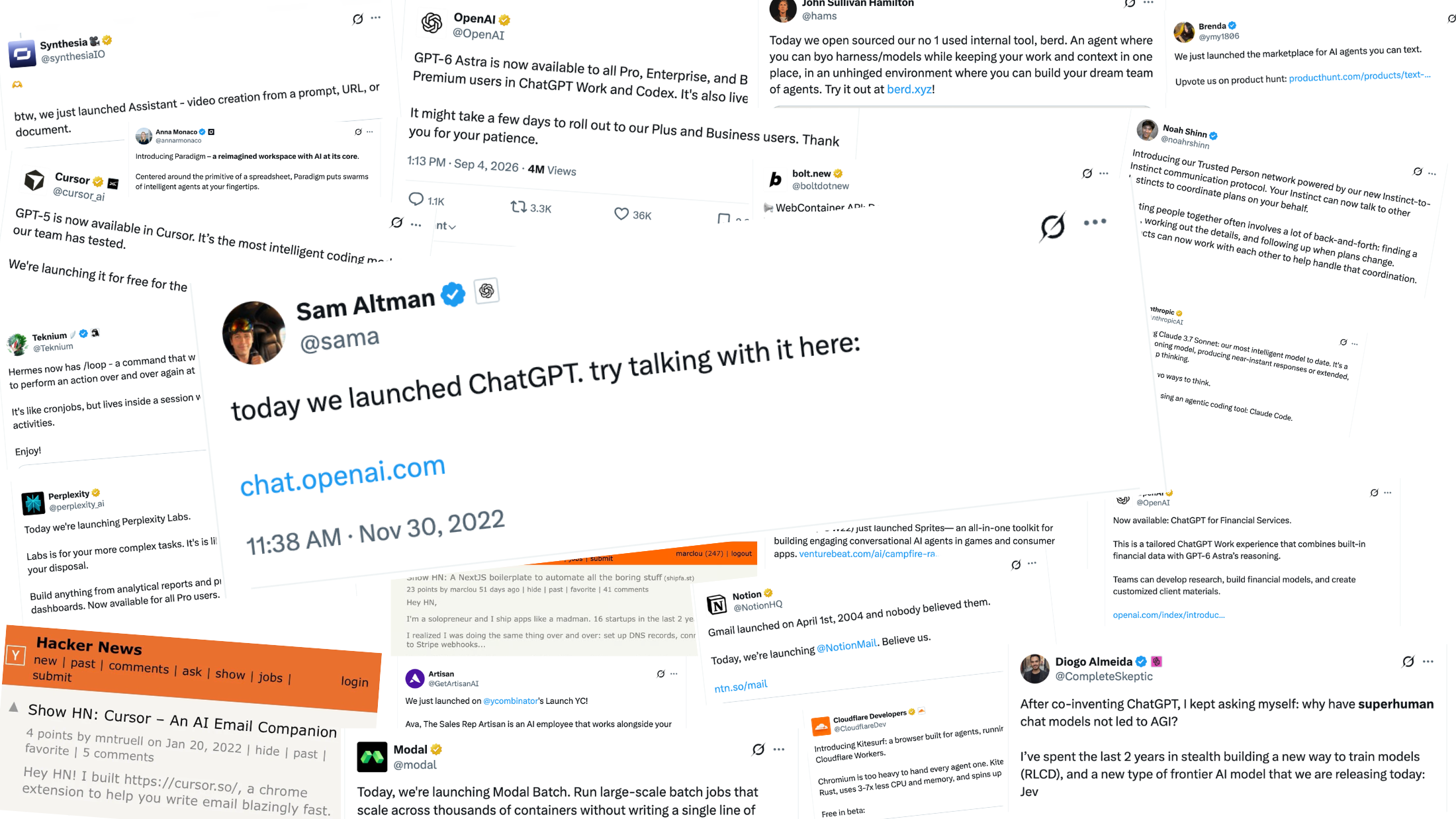 A collage of launch announcements from OpenAI, Anthropic, Cursor, Perplexity, Notion and others.
